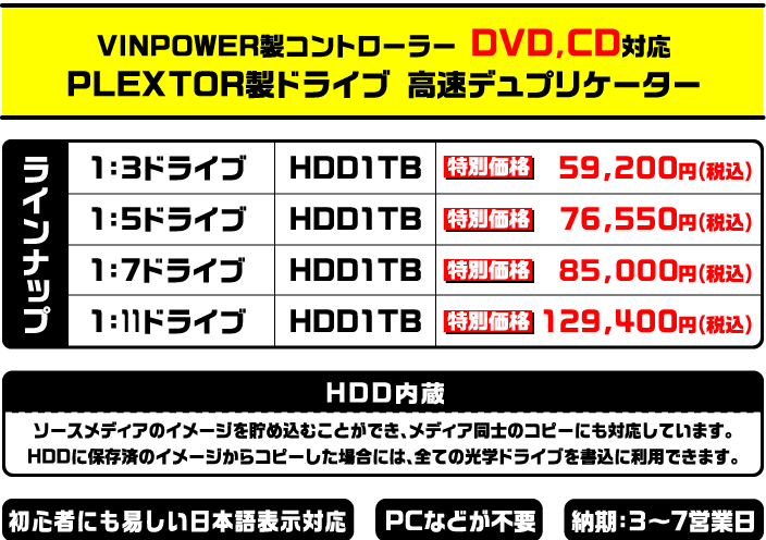 VINPOWER製 DVDデュプリケータ / PLEXTORドライブ 1:7 / HDD有｜株式