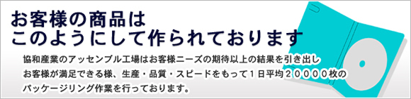 お客様の商品はこのようにして作られております-協和産業のアッセンブル工場はお客様のニーズの期待以上の結果を引き出し、お客様が満足できる様、生産・品質・スピードをもって1日平均20000枚のパッケージリング作業を行っております。