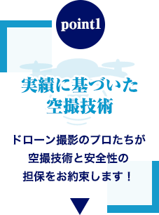 point1 実績に基づいた空撮技術 ドローン撮影のプロたちが空撮技術と安全性の担保をお約束します！