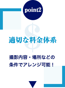 point2 適切な料金体系 撮影内容・場所などの条件でアレンジ可能！